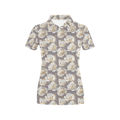 Elegant Grey Flower Print Women's Polo Shirt