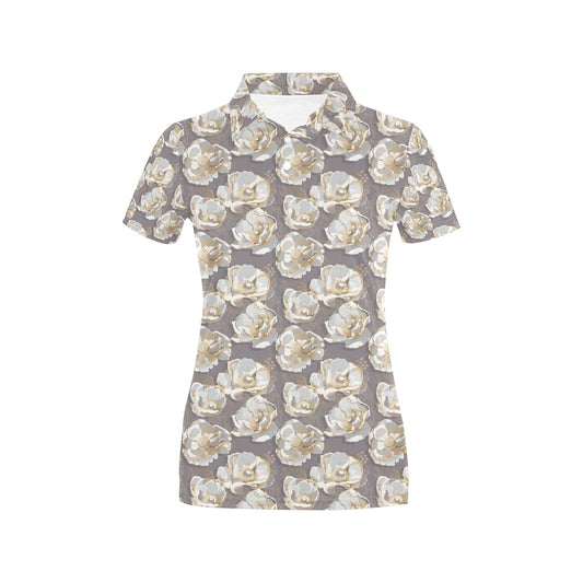 Elegant Grey Flower Print Women's Polo Shirt