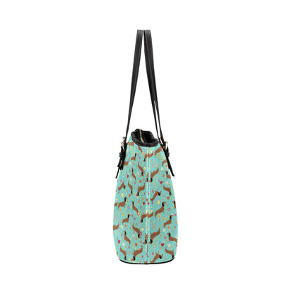 Dachshund with Floral Print Pattern Leather Tote Bag