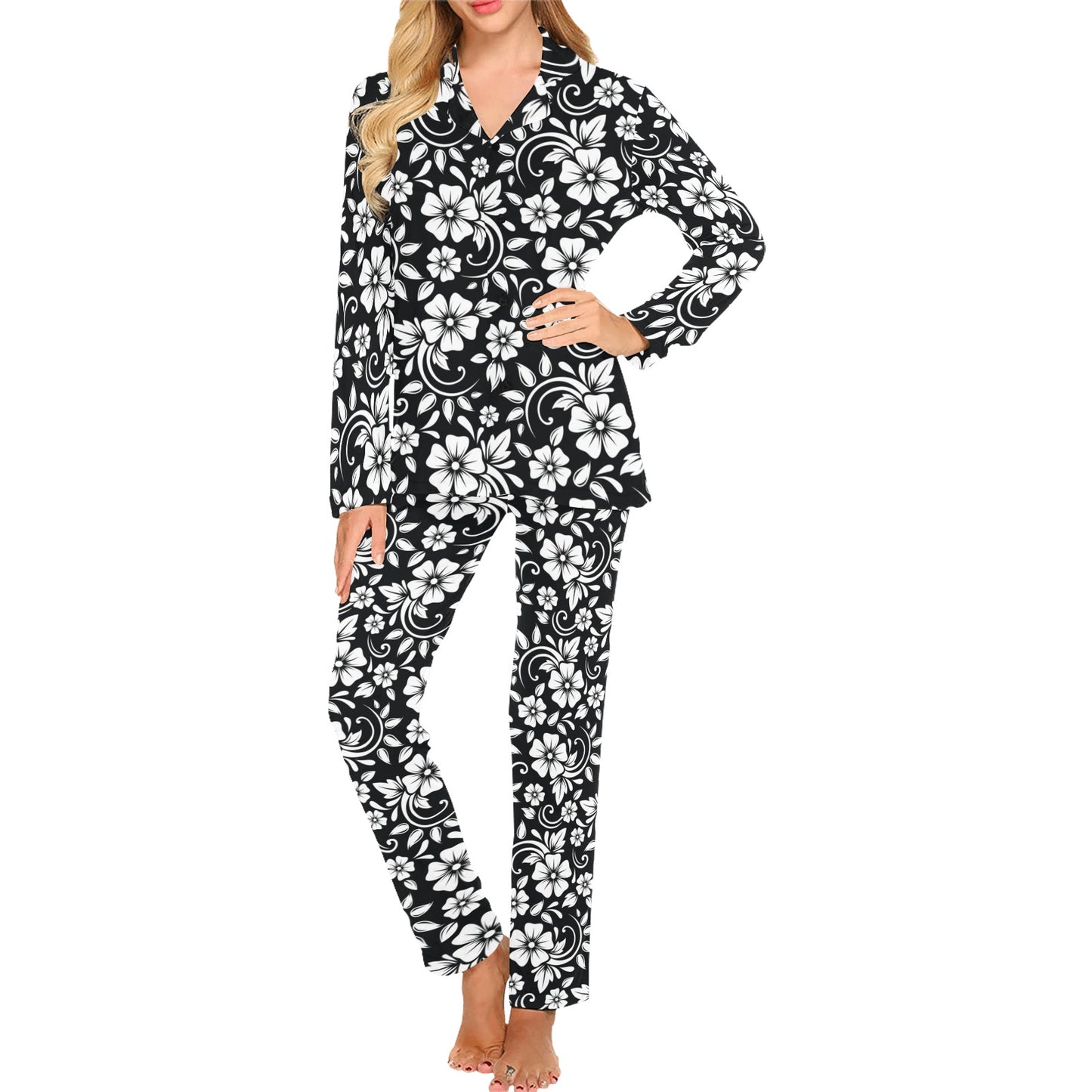 Floral Black White Themed Print Women's Long Pajama Set