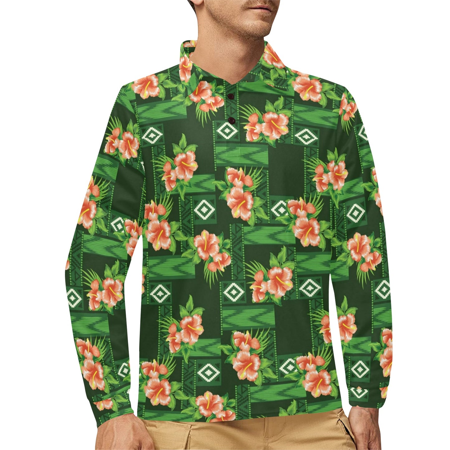 Hibiscus Pattern Print Design HB05 Long Sleeve Polo Shirt For Men's