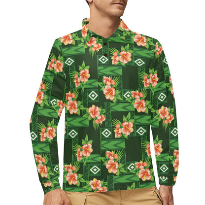 Hibiscus Pattern Print Design HB05 Long Sleeve Polo Shirt For Men's