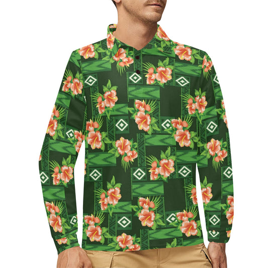 Hibiscus Pattern Print Design HB05 Long Sleeve Polo Shirt For Men's