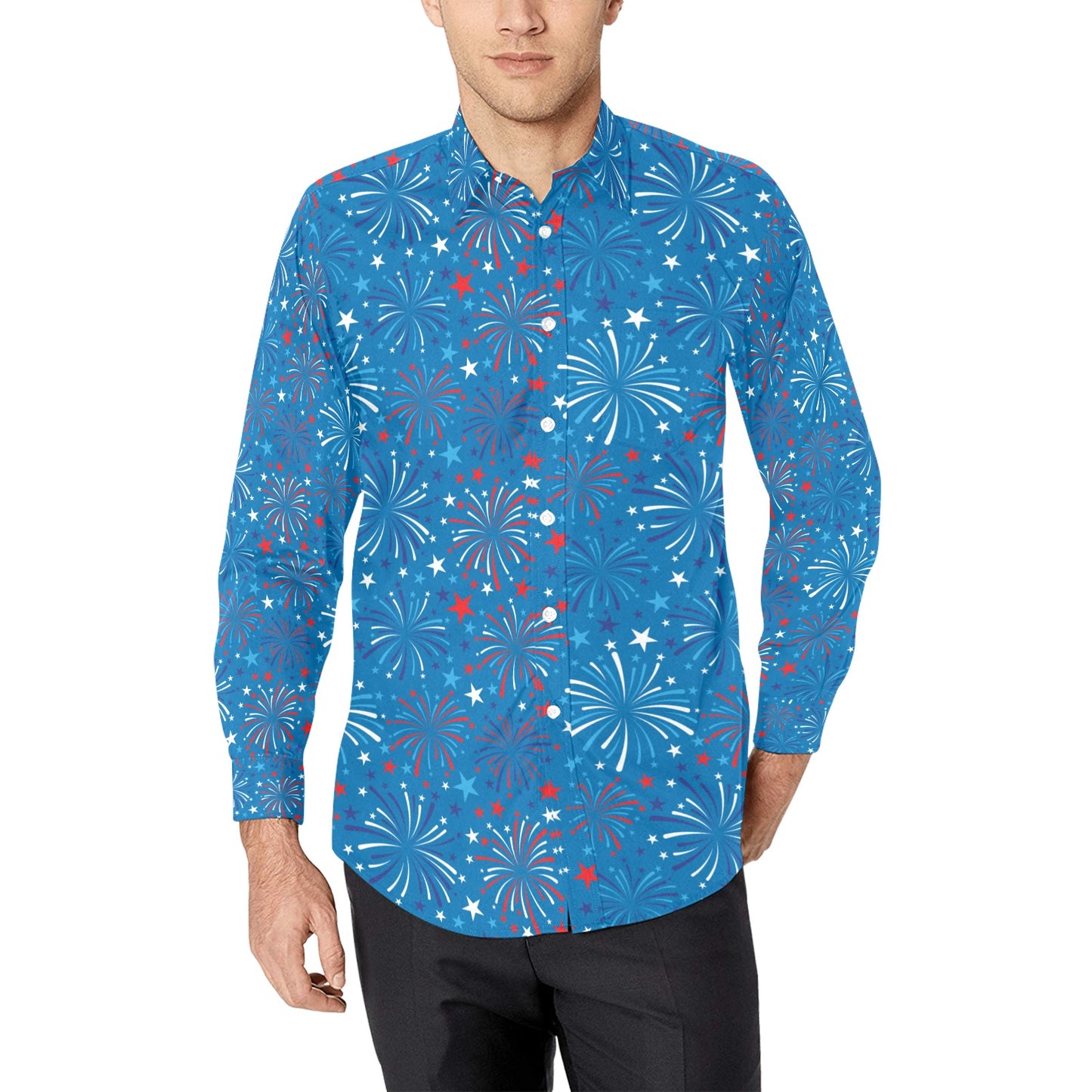 Firework Celebration Print Design LKS304 Men's Long Sleeve Dress Shirt