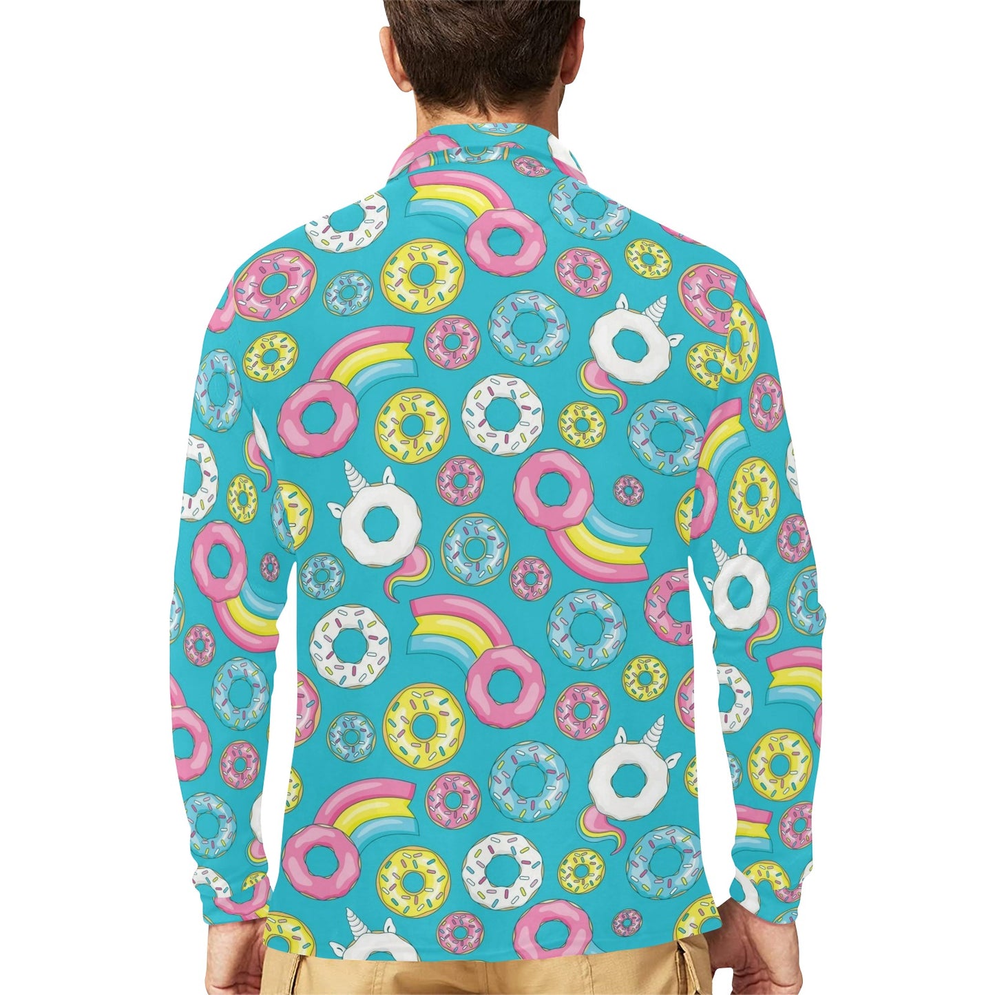 Donut Pattern Print Design DN013 Long Sleeve Polo Shirt For Men's