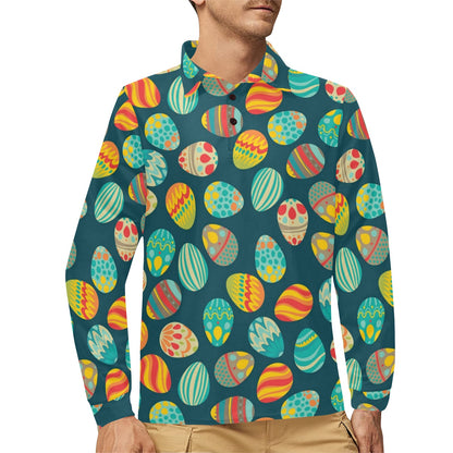 Easter Eggs Pattern Print Design RB09 Long Sleeve Polo Shirt For Men's