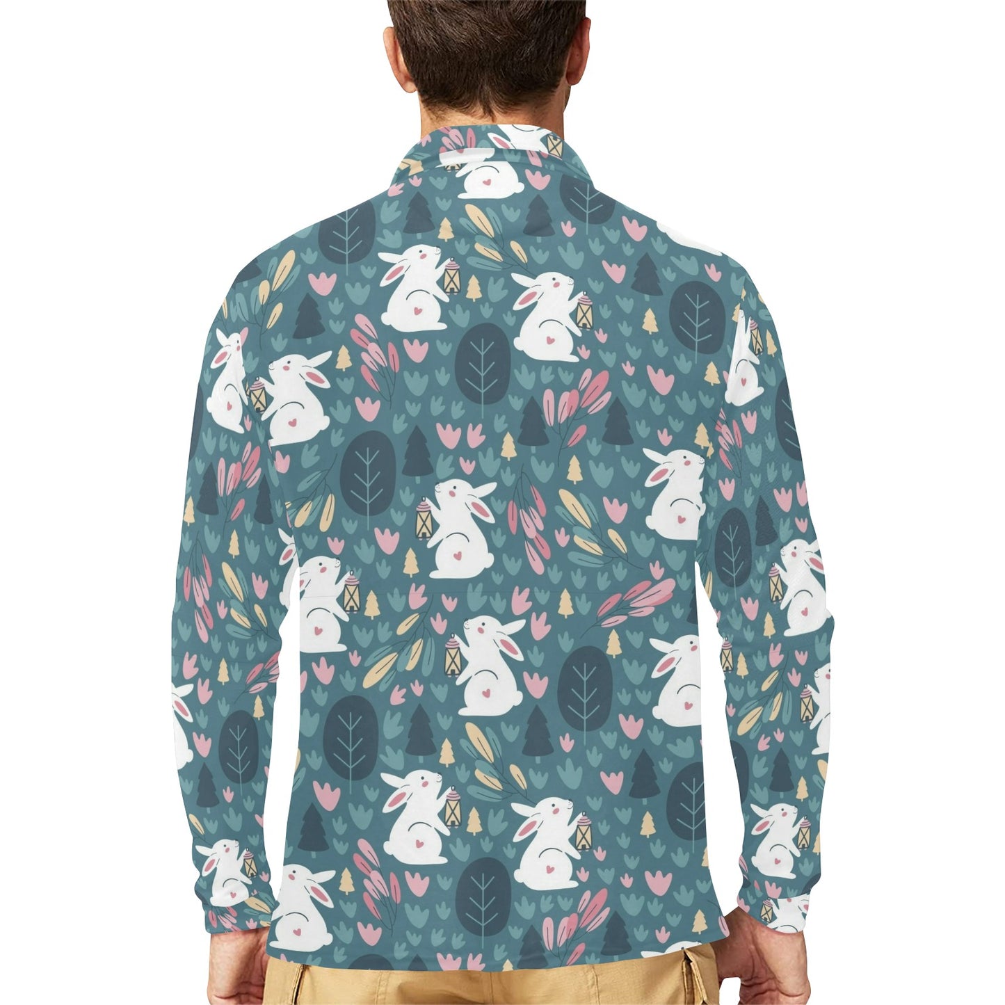 Rabbit Pattern Print Design RB013 Long Sleeve Polo Shirt For Men's