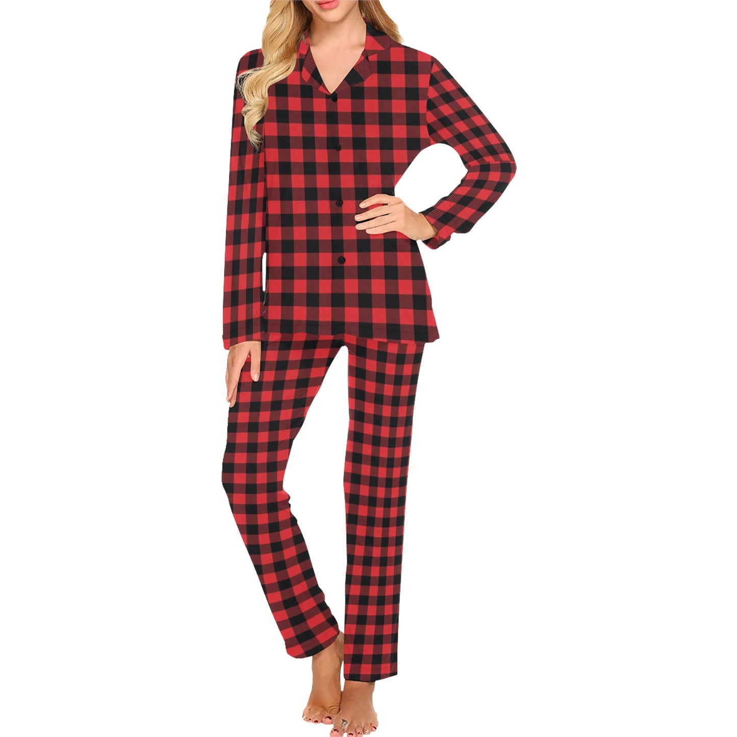 Red Black Buffalo Tartan Plaid Pattern Women's Long Pajama Set
