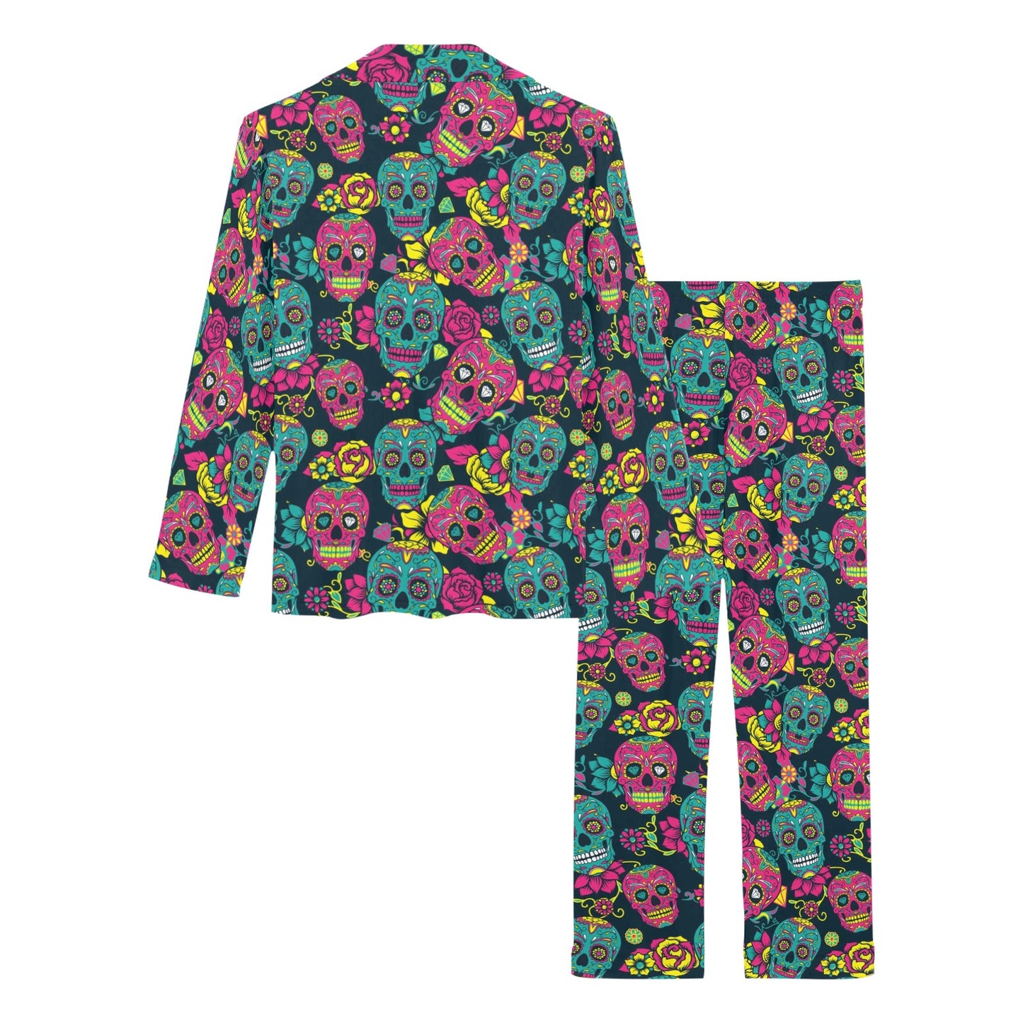 Sugar Skull Floral Design Themed Print Women's Long Pajama Set