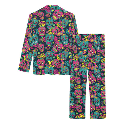 Sugar Skull Floral Design Themed Print Women's Long Pajama Set