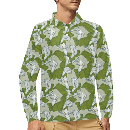 Lily Pattern Print Design LY08 Long Sleeve Polo Shirt For Men's
