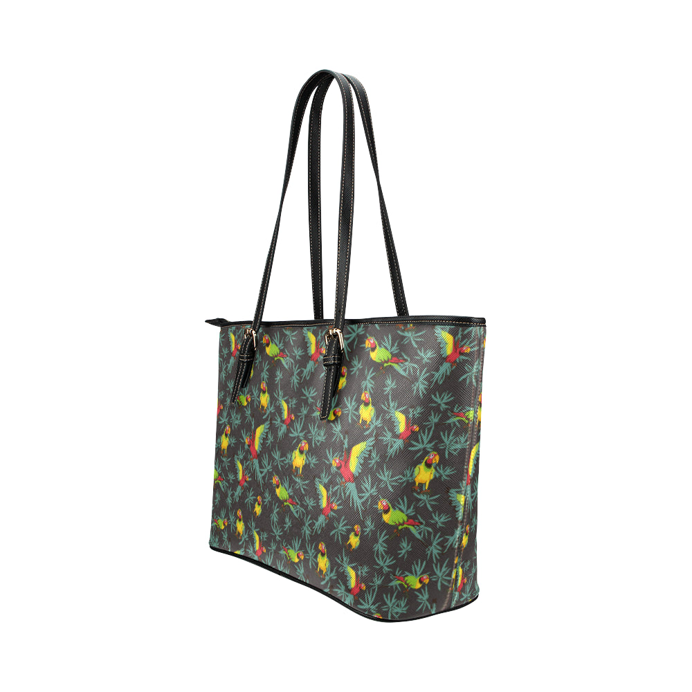 Parrot Themed Print Leather Tote Bag