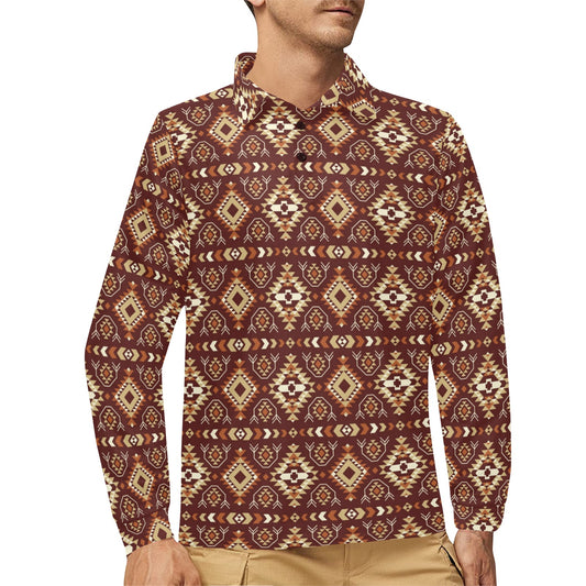 Navajo Native Color Print Pattern Long Sleeve Polo Shirt For Men's