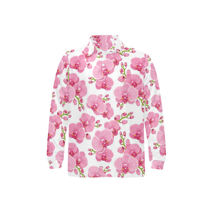 Orchid Pink Pattern Print Design OR07 Long Sleeve Polo Shirt For Men's