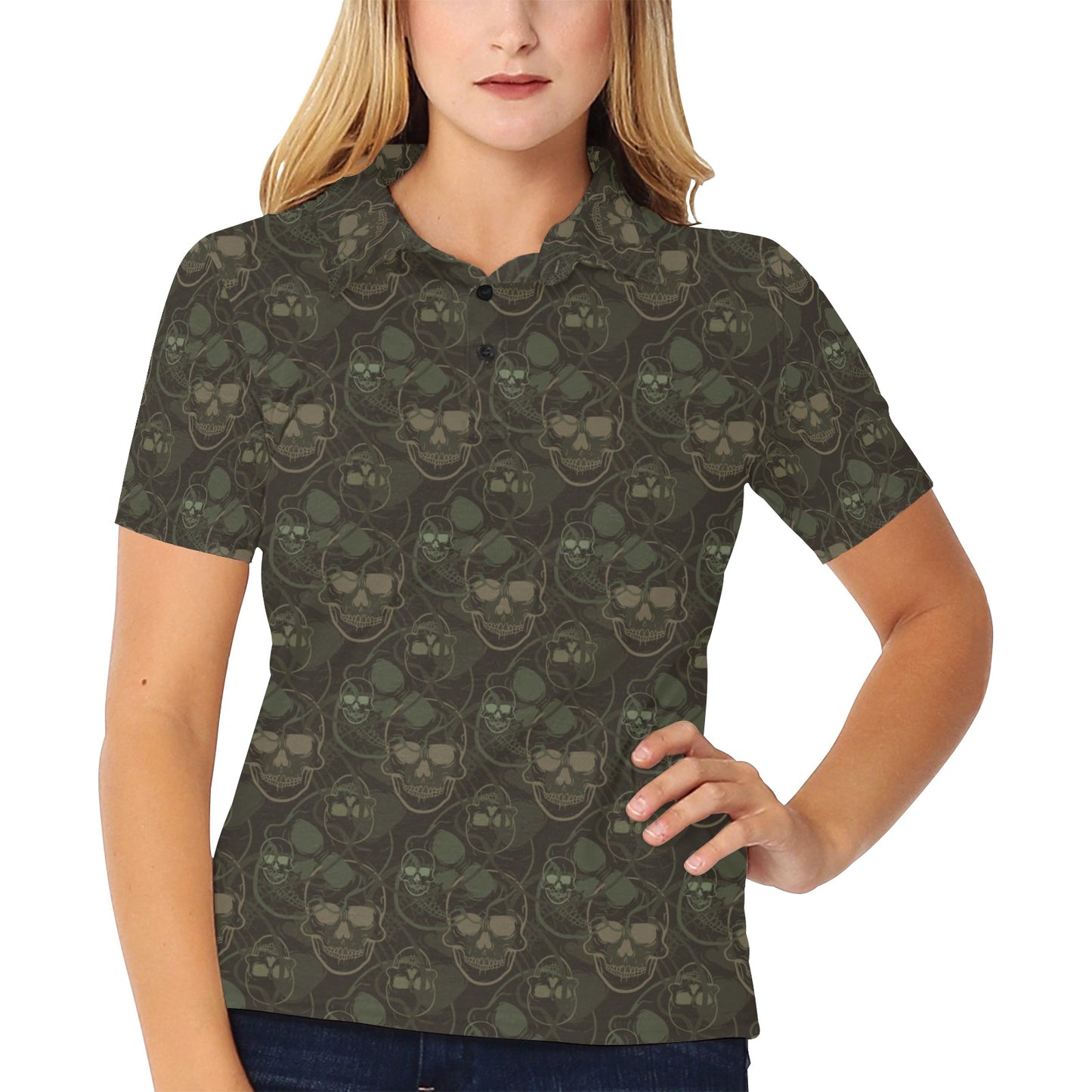 Skull Camo Style Print Design LKS308 Women's Polo Shirt