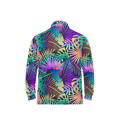 Neon Flower Tropical Palm Leaves Long Sleeve Polo Shirt For Men's