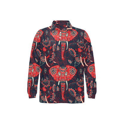 Red Indian Elephant Pattern Long Sleeve Polo Shirt For Men's