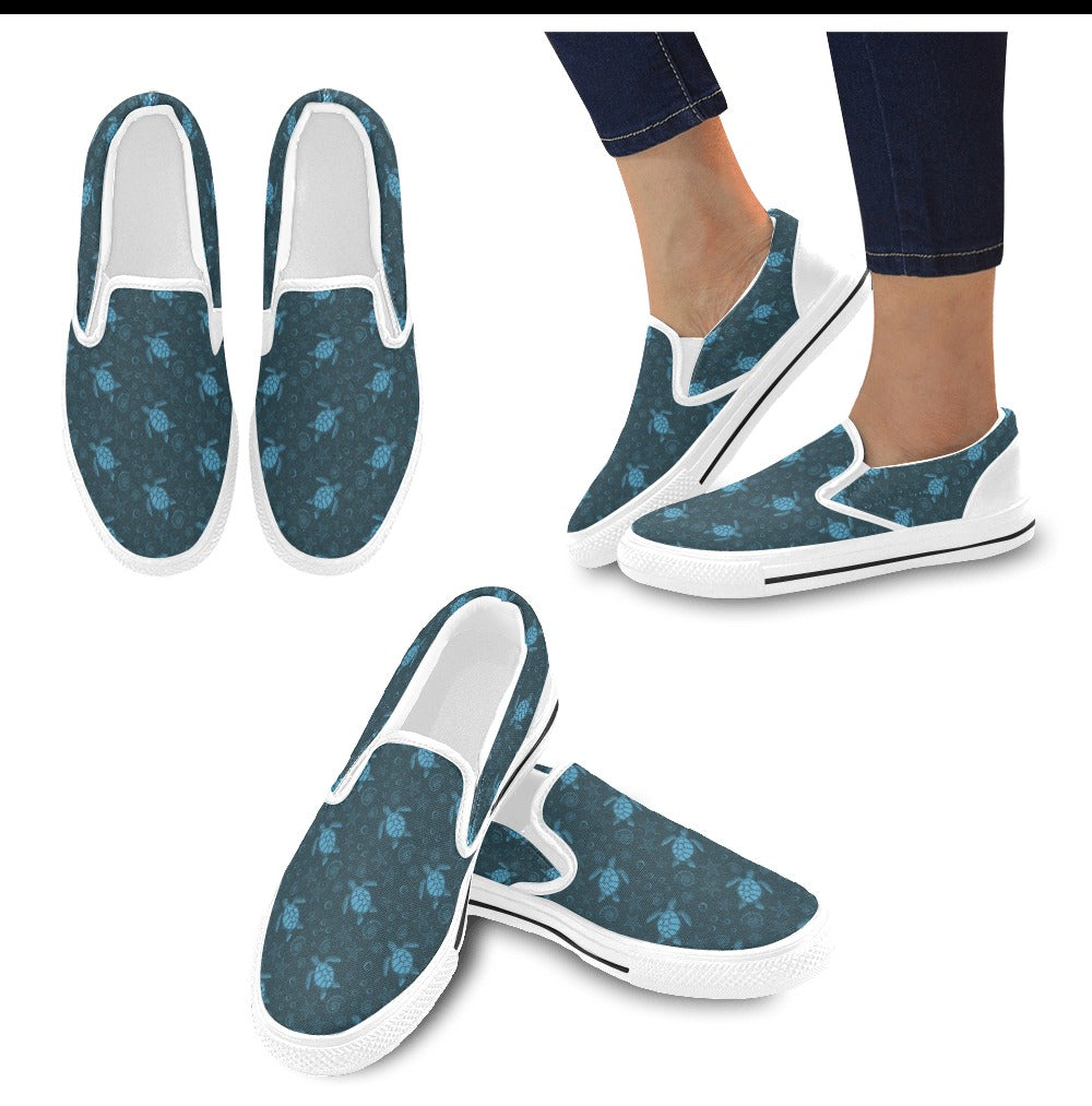 Sea Turtle Print Design LKS308 White Slip Ons Canvas Women's Shoes