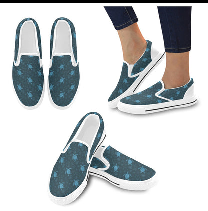 Sea Turtle Print Design LKS308 White Slip Ons Canvas Women's Shoes