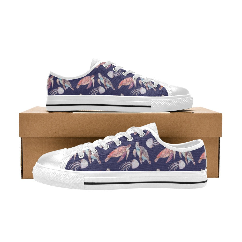 Sea Turtle With Jelly Fish Print Design LKS301 Women's White Low Top Shoes