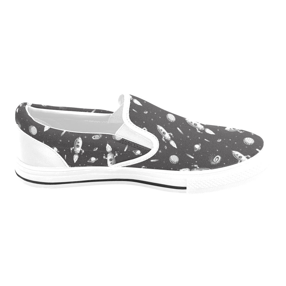 Space Rocket Print Design LKS303 White Slip Ons Canvas Women's Shoes