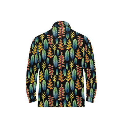 Heliconia Pattern Print Design HL03 Long Sleeve Polo Shirt For Men's