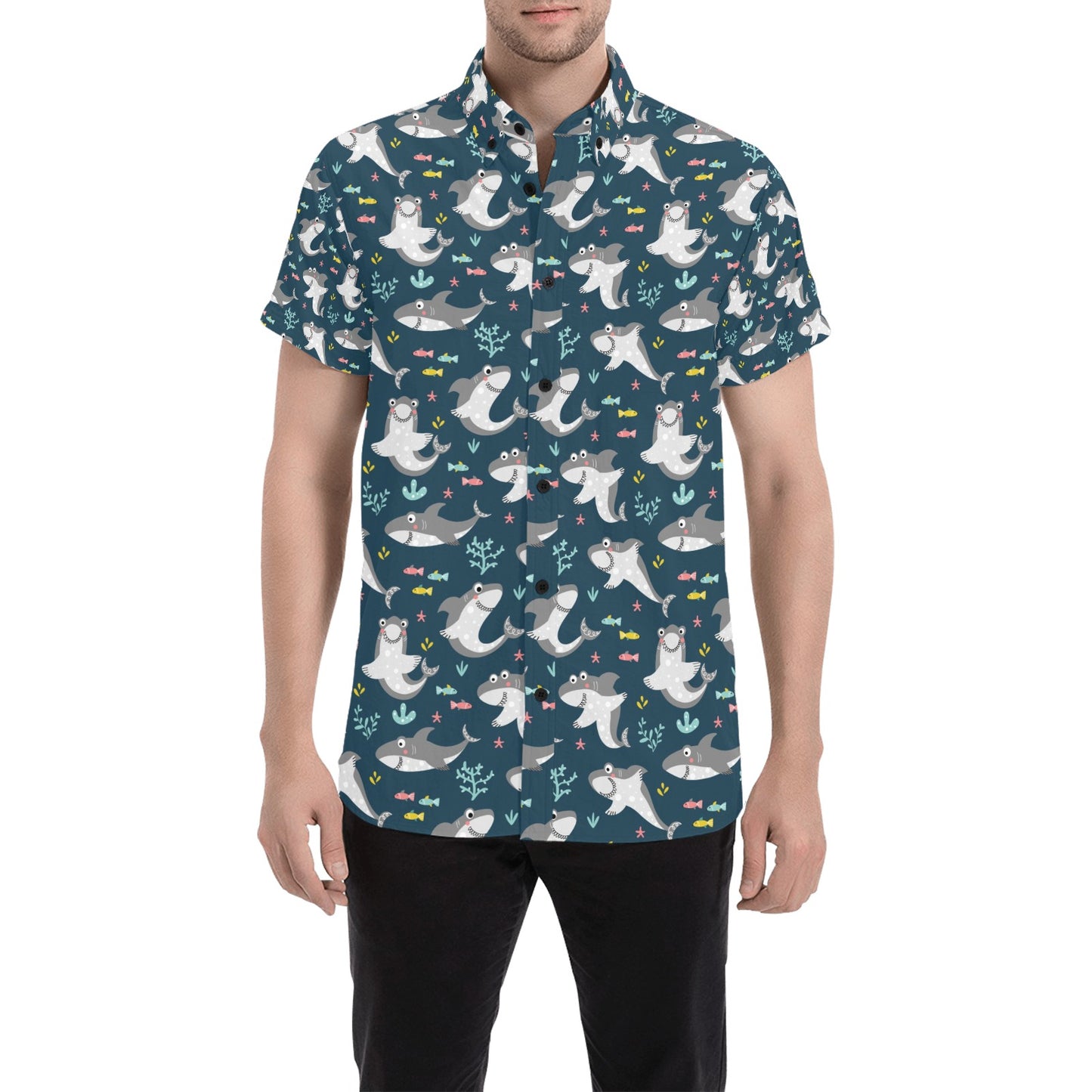 Shark Print Design LKS307 Men Short Sleeve Button Up Shirt