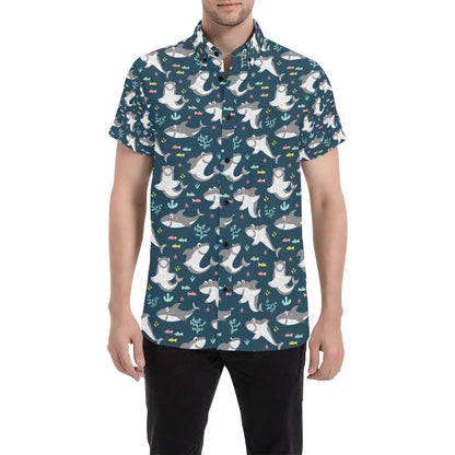 Shark Print Design LKS307 Men Short Sleeve Button Up Shirt
