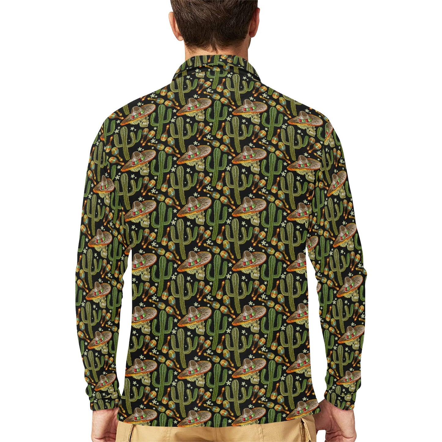Western Style Print Long Sleeve Polo Shirt For Men's