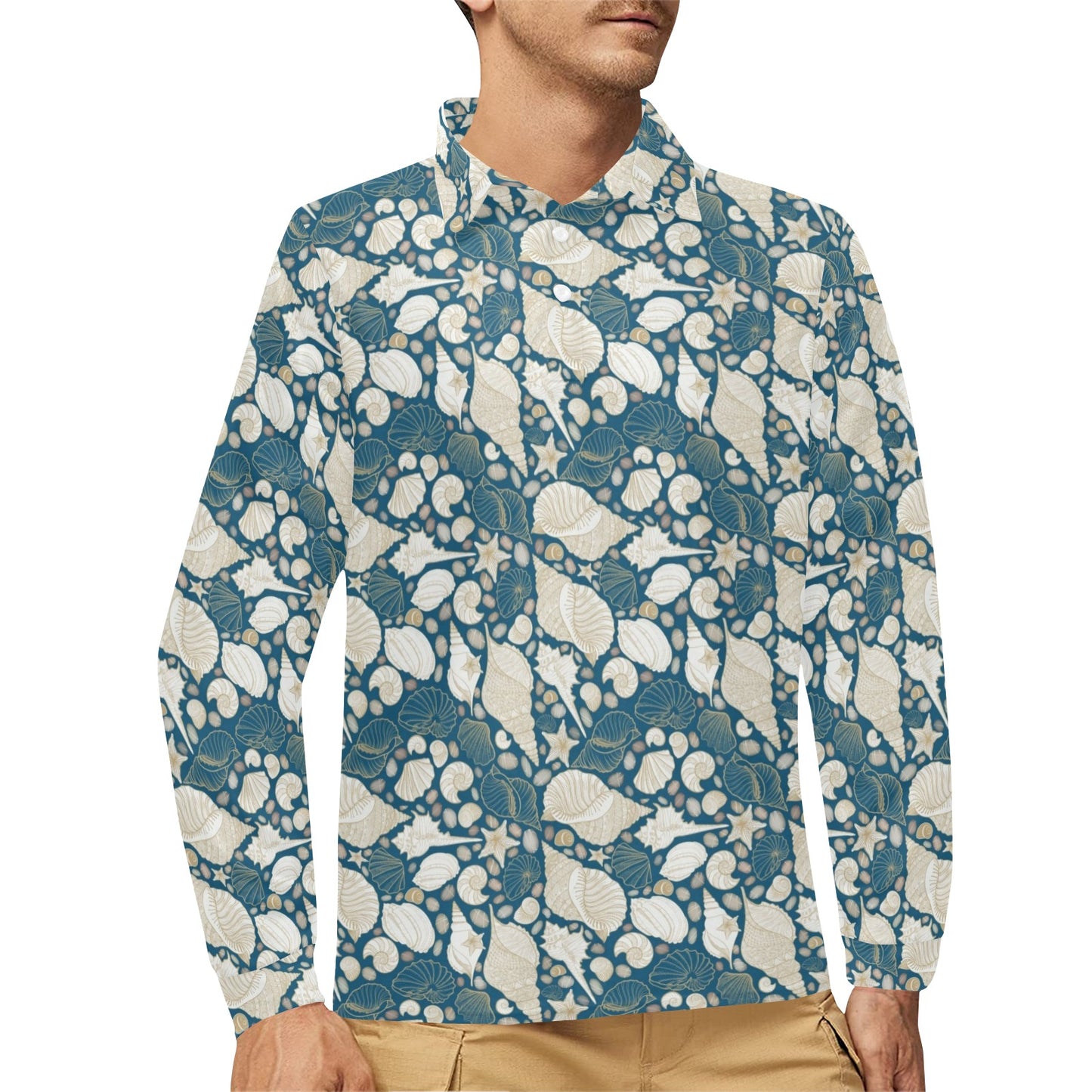 Seashell Print Design LKS308 Long Sleeve Polo Shirt For Men's