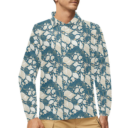 Seashell Print Design LKS308 Long Sleeve Polo Shirt For Men's