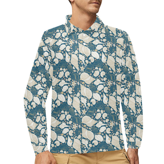 Seashell Print Design LKS308 Long Sleeve Polo Shirt For Men's