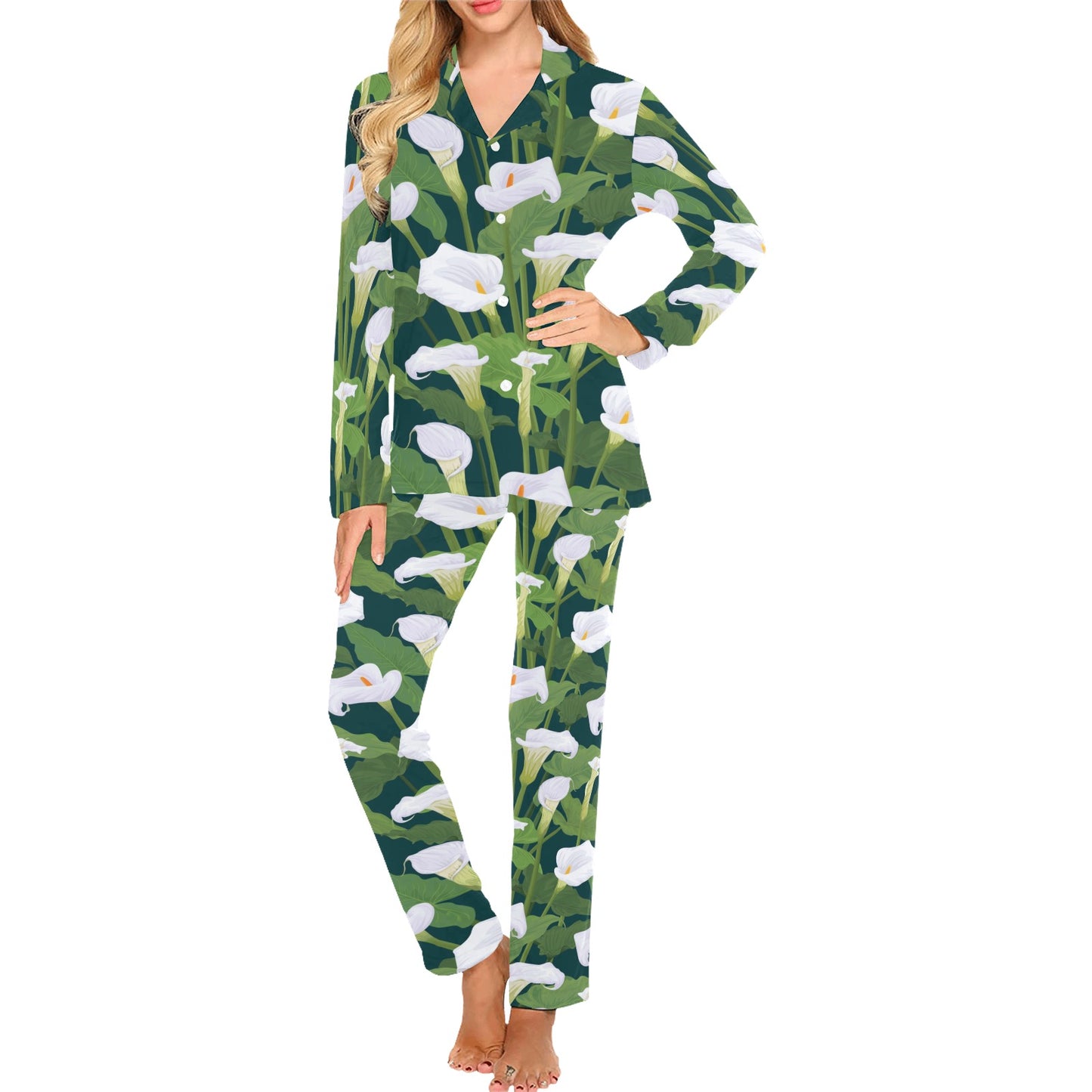 Lily Pattern Print Design 04 Women's Long Pajama Set