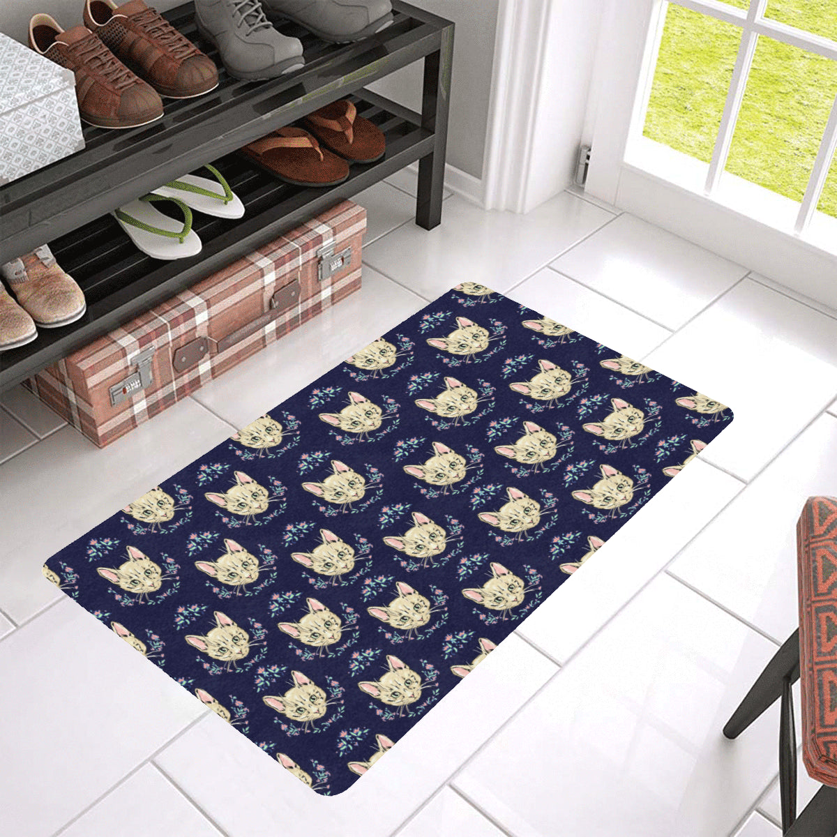 Cat Head with flower Print Pattern Rubber Doormat