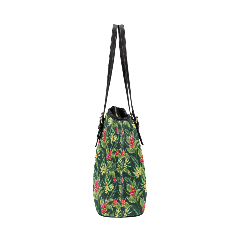 Tropical Folower Red Heliconia Print Leather Tote Bag