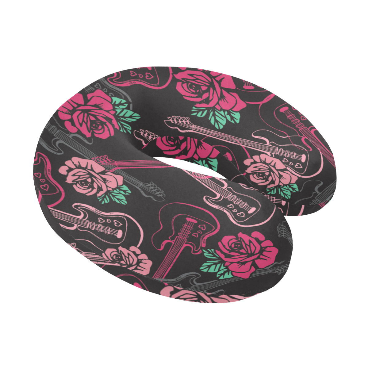 Bass Guitar Pink Rose Pattern Print Design 01 U-Shaped Travel Neck Pillow