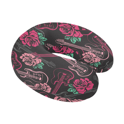 Bass Guitar Pink Rose Pattern Print Design 01 U-Shaped Travel Neck Pillow