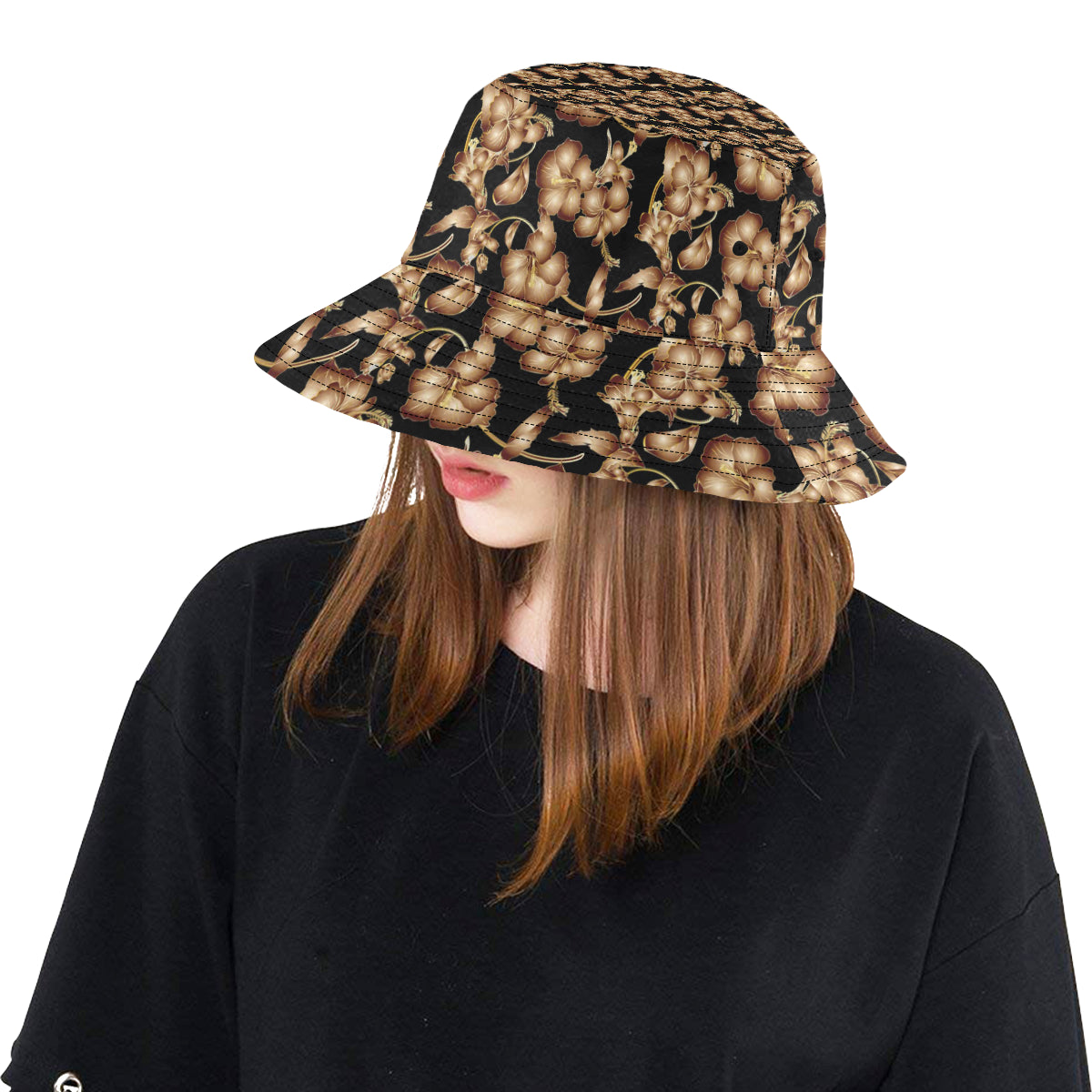 Brown Hibiscus Pattern Print Design HB06 Unisex Bucket Hat