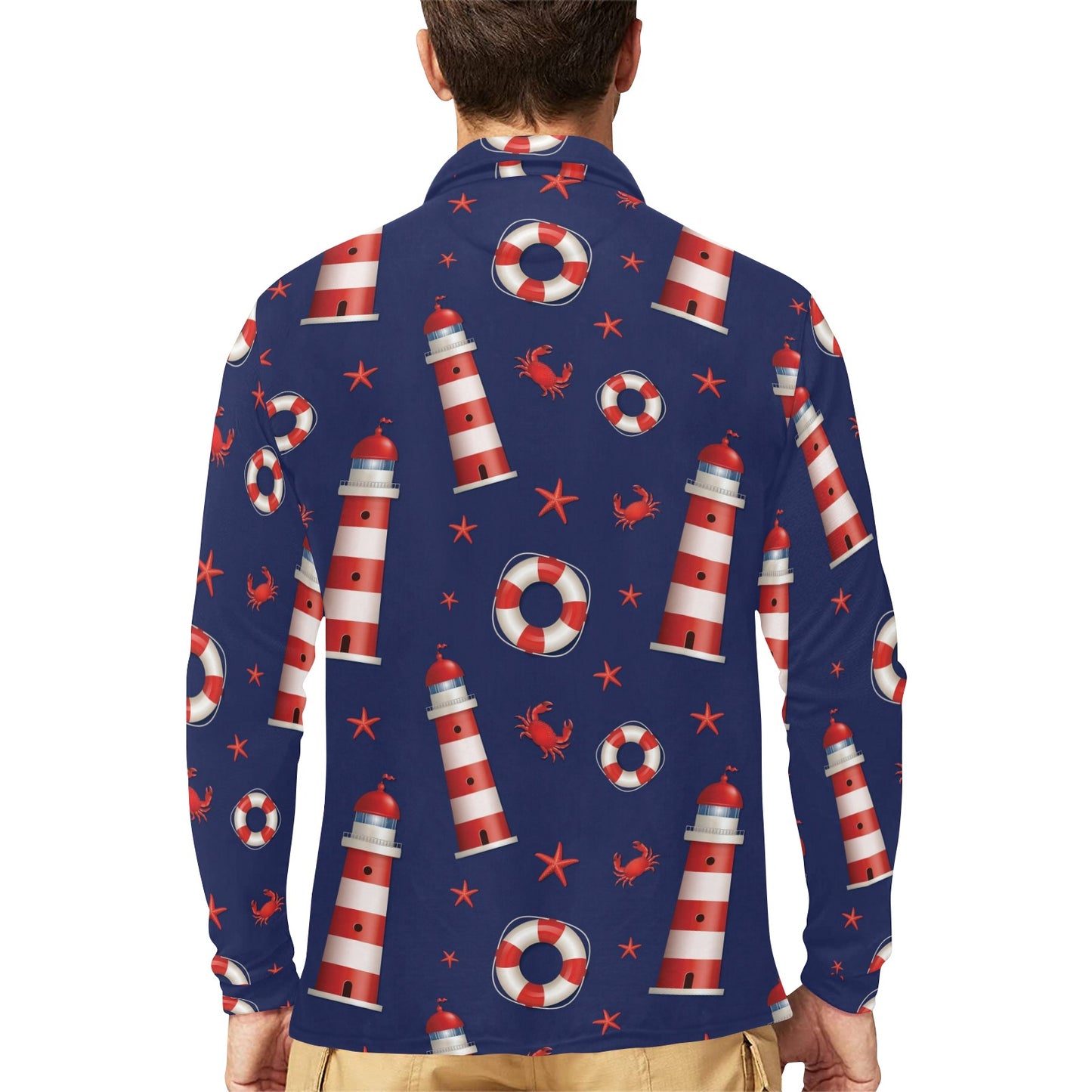 Nautical Pattern Print Design A03 Long Sleeve Polo Shirt For Men's