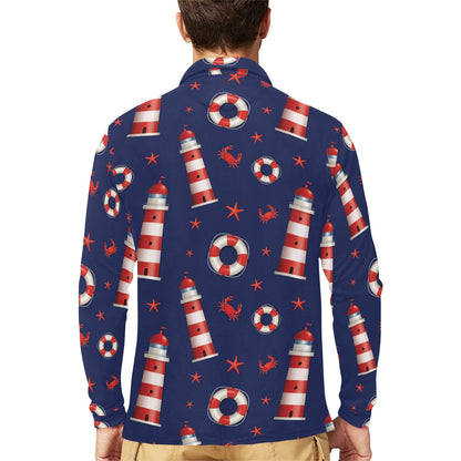 Nautical Pattern Print Design A03 Long Sleeve Polo Shirt For Men's