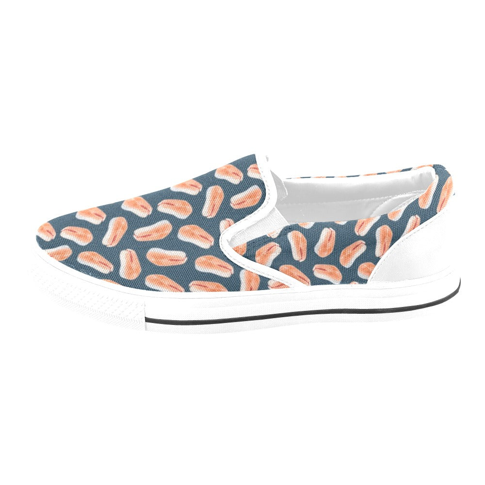 Salmon Steak Print Design LKS306 White Slip Ons Canvas Women's Shoes