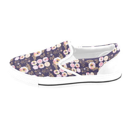Sakura Japan Style Print Design LKS302 White Slip Ons Canvas Women's Shoes
