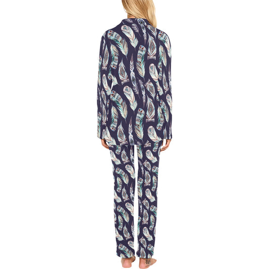 Feather Vintage Boho Design Print Women's Long Pajama Set