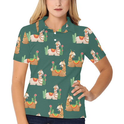 Llama Cactus Pattern Print Design 07 Women's Polo Shirt