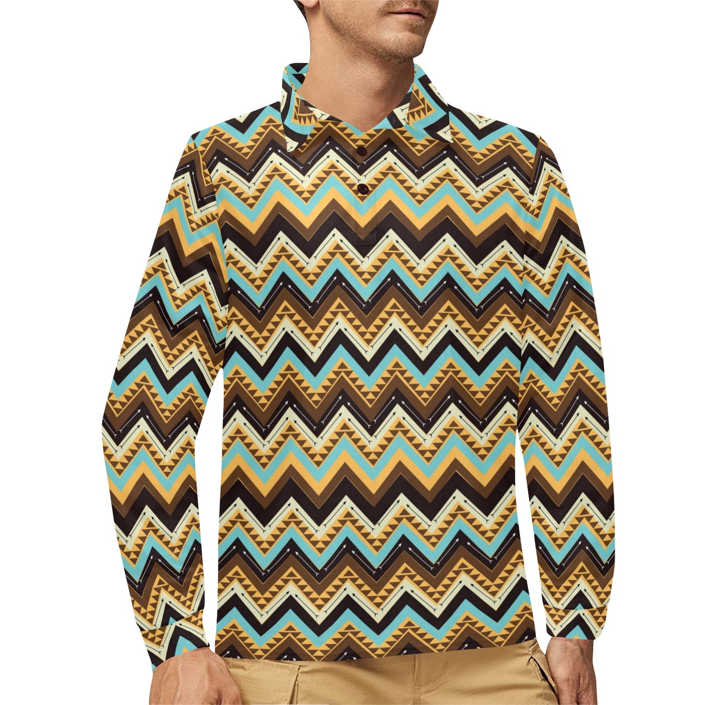 Southwest Pattern Print Design LKS301 Long Sleeve Polo Shirt For Men's