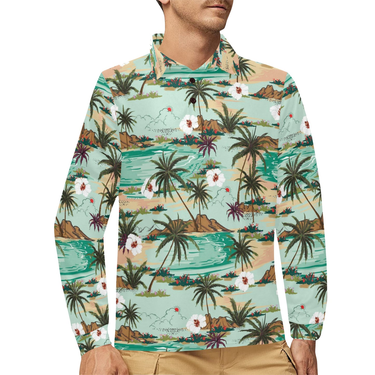 Pacific island Pattern Print Design A03 Long Sleeve Polo Shirt For Men's