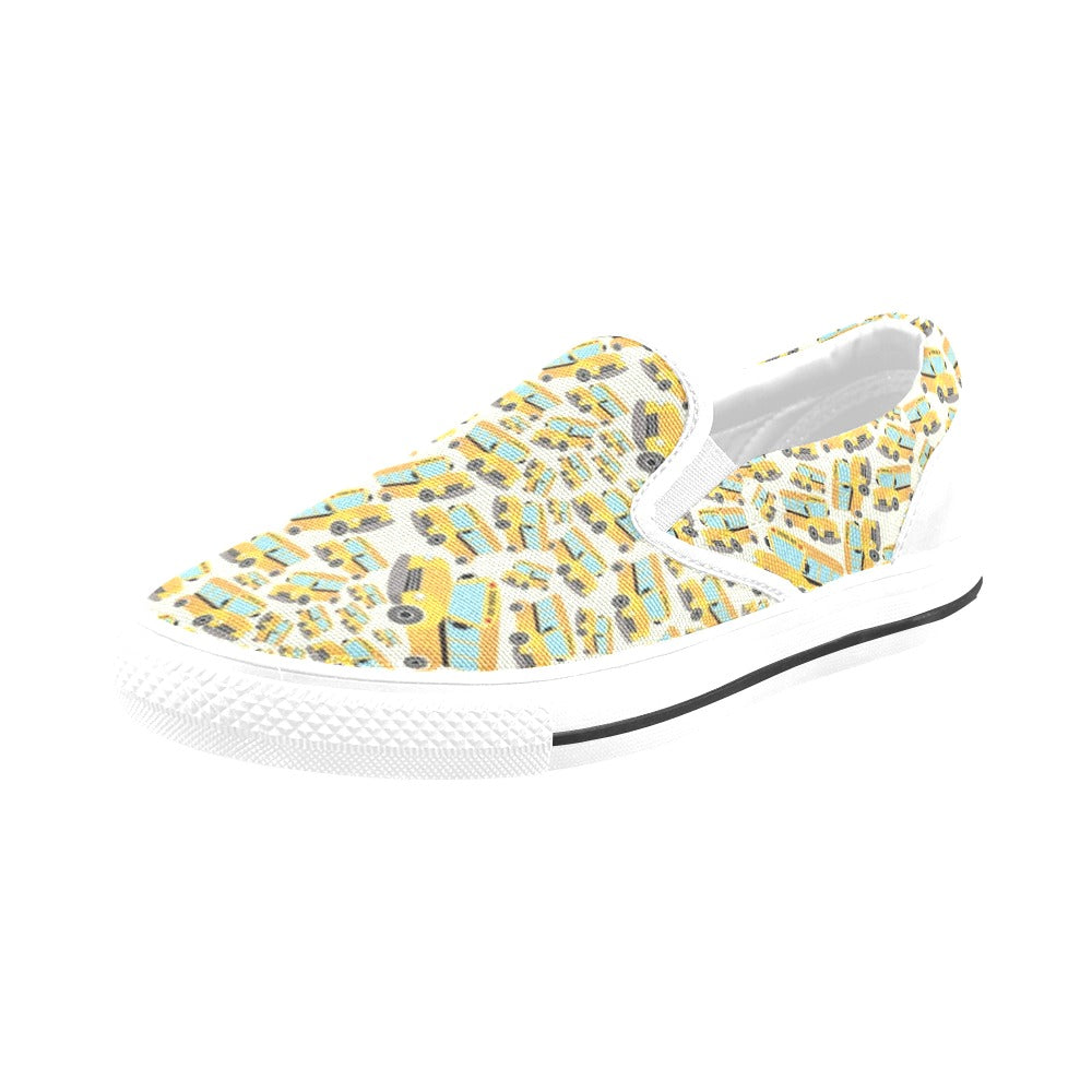 School Bus Print Design LKS301 White Slip Ons Canvas Women's Shoes