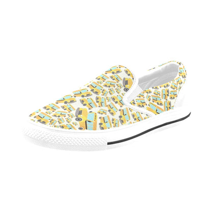 School Bus Print Design LKS301 White Slip Ons Canvas Women's Shoes