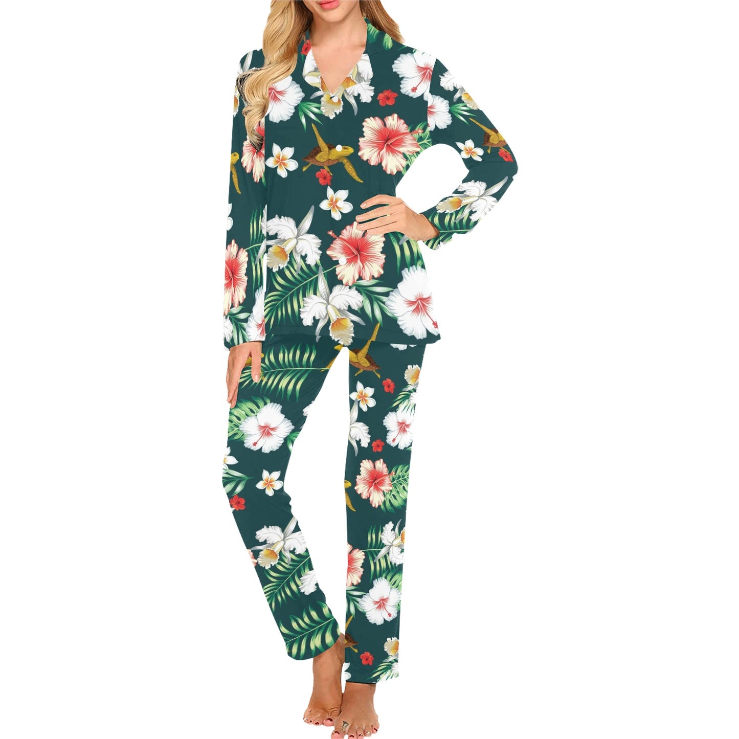 Hawaiian Flower Design with SeaTurtle Print Women's Long Pajama Set