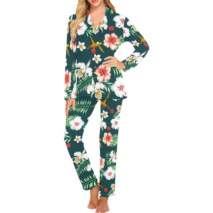 Hawaiian Flower Design with SeaTurtle Print Women's Long Pajama Set